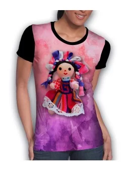 Playera de muñeca María con fondo de acuarela