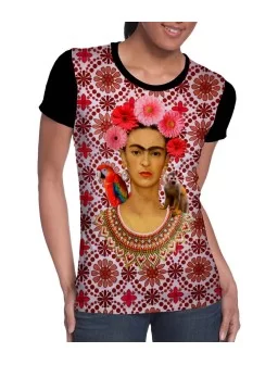 Playera dama Frida Kahlo con fondo de mosaicos