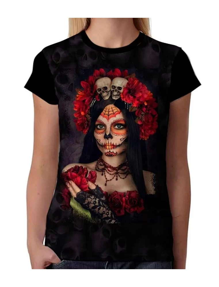 Playera de catrina con flores rojas - Camiseta Dia de muertos