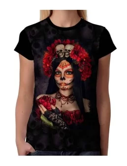 Playera de catrina con flores rojas - Camiseta Dia de muertos