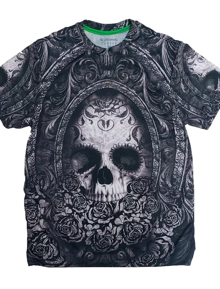 T-shirt of mexican skull with flowers black and white