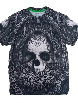 Playera Calavera mexicana con flores en blanco y negro