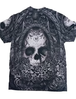 T-shirt of mexican skull with flowers black and white