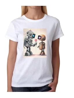 Robots in love with flowers T-shirt. Valentine's Day