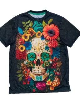 T-shirt of mexican flowers skull green margarita eyes