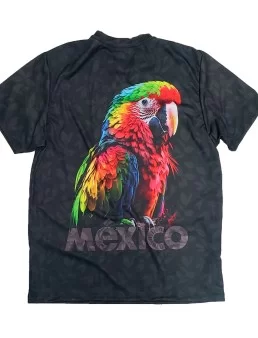 Colored parrot T-shirt. T-shirt with letters Mexico