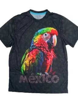Colored parrot T-shirt. T-shirt with letters Mexico