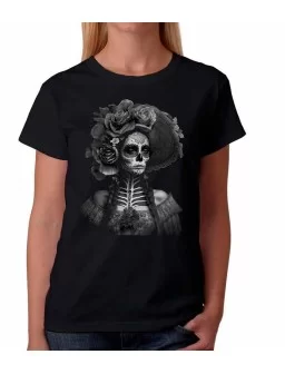 Playera catrina de flores en tonos de gris