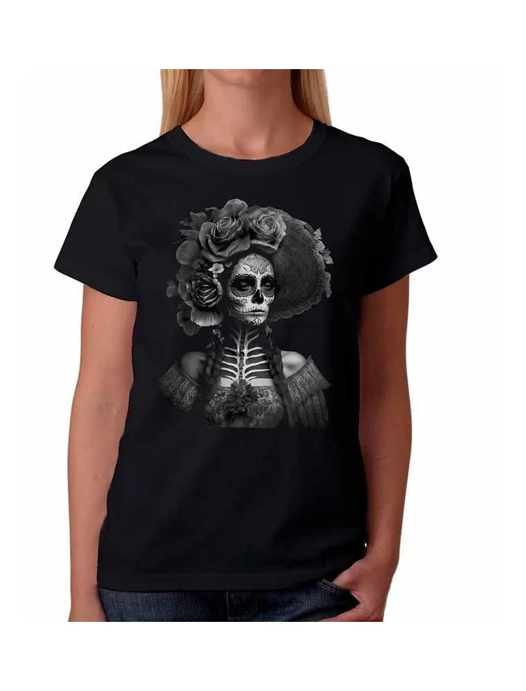 Playera catrina de flores en tonos de gris