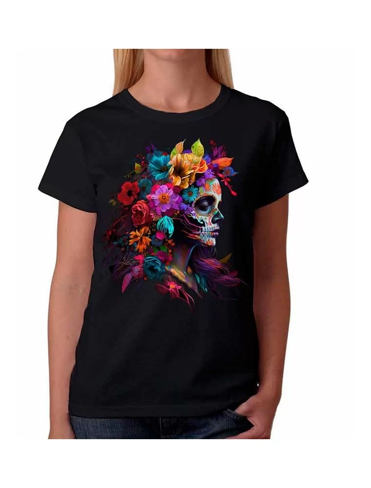 Playera catrina de perfil con flores