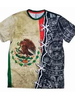 Playera Bandera de Mexico cosida Calendario Azteca