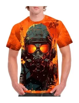 T-shirt printed with a futuristic soldier wearing a mask