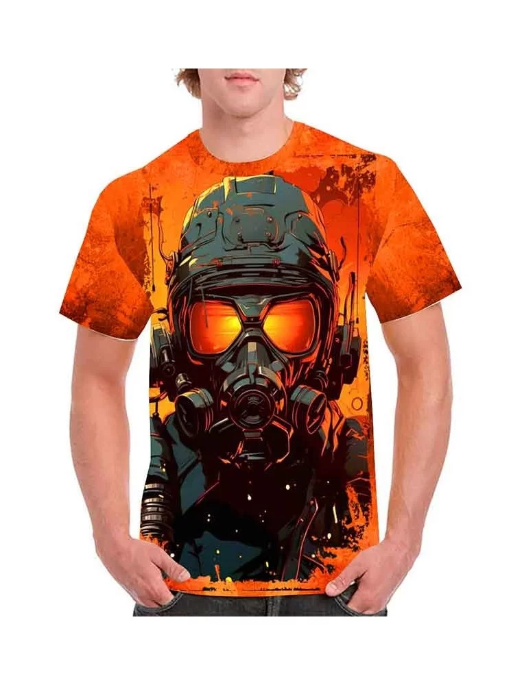 T-shirt printed with a futuristic soldier wearing a mask