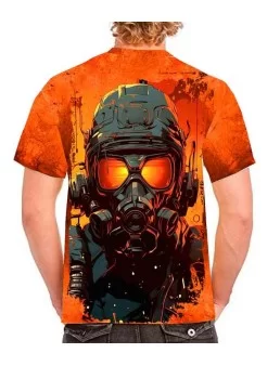 T-shirt printed with a futuristic soldier wearing a mask