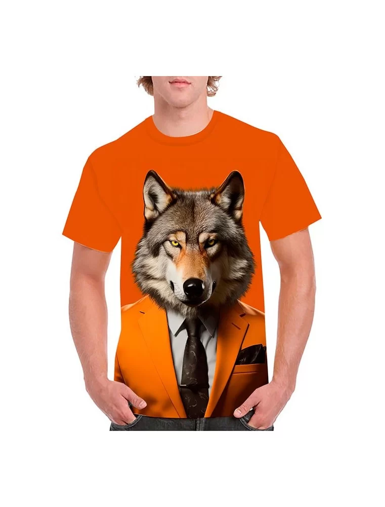 Playera lobo con traje naranja - Playeras de animales