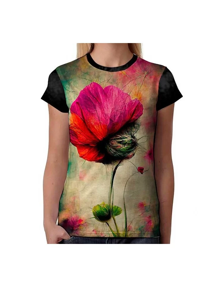 Ladies red and pink dried flower T-shirt