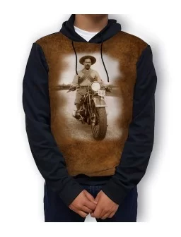 Printed hoodie by Pancho Villa on a motorcycle