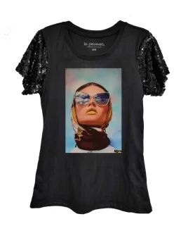 Women's sequin sleeve blouse with glasses